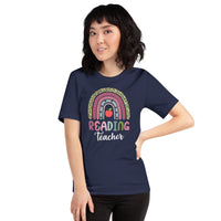 Reading Teacher Leopard Rainbow Bookish T-Shirt - Reading Squad, Reading Crew Tee for Book Lovers, Bookworms, Avid Readers - Navy