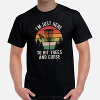 Retro Disk Golf T-Shirt - Frisbee Golf Attire & Apparel - Gift Ideas for Disc Golfers - Funny I'm Just Here To Hit Trees And Curse Tee - Black, Men