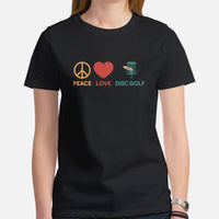 Disk Golf Shirt - Gift for Disc Golfer - Disk Golf Apparel, Disc Golf Attire - Disc Golf Shirt - Disk Golf Gifts - Peace Love Disc Golf Tee - Black, Women
