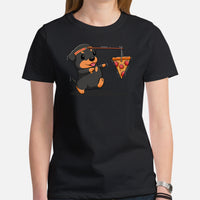 Rottweiler Dog Themed Clothes & Attire - Canine Tee Shirts For Humans - Gifts for Dog Lovers - Rottie Chasing A Pizza Slice T-Shirt - Black, Women