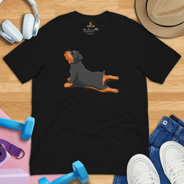 Rottweiler Dog Themed Clothes & Attire - Canine Tee Shirts For Humans - Gifts for Yoga & Rottie Dog Lovers - Adorable Exhale Pose Shirt - Black