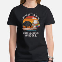 Rottweiler Dog Themed Clothes - Canine Tee Shirts For Humans - Gifts for Dog Lovers - Life Is Better With Books, Coffee & Dogs T-Shirt - Black, Women
