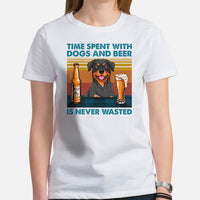 Rottweiler Dog Themed Clothes - Canine Tee Shirts For Humans - Gifts for Dog Lovers - Time Spent With Beer & Dogs Is Never Wasted Shirt - White, Women