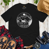 RV Campervan Motorhome Boho Shirt - Camping, Overlanding, Family Road Trip, Caravan Shirt - Nomadic Tee - Living The Vantasy T-Shirt - Black