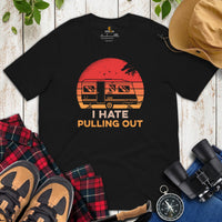 RV Campervan Motorhome Retro Sunset T-Shirt - Family Road Trip, Glamping, Overlanding Shirt - I Hate Pulling Out Shirt - Nomadic Tee - Black