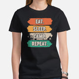 RV Campervan Motorhome Shirt - Family Road Trip, Overlanding, Boondocks Nomadic Tee - Eat Sleep Camp Repeat Shirt - Gift for Camper - Black, Women