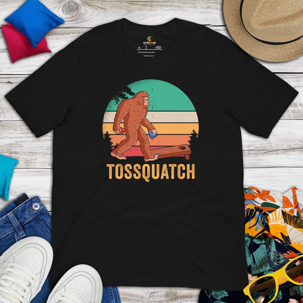 Sasquatch Cornhole T-Shirt - Corn Hole Bags & Board, Bean Bag Toss, Outdoor Yard & Backyard Party Games Gift - Tossquatch Bigfoot Tee - Black