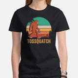 Sasquatch Cornhole T-Shirt - Corn Hole Bags & Board, Bean Bag Toss, Outdoor Yard & Backyard Party Games Gift - Tossquatch Bigfoot Tee - Black, Women