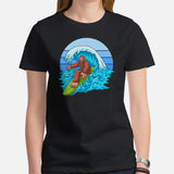 Sasquatch Surfing Shirt - Beach Vacation Outfit, Attire - Gift Ideas for Surfer, Outdoorsman, Nature Lovers - Bigfoot Gone Surfing Tee - Black, Women