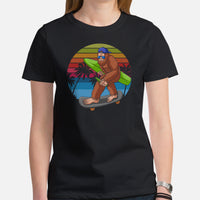 Sasquatch Surfing Shirt - Beach Vacation Outfit, Attire - Gift Ideas for Surfer, Skater, Outdoorsman - Retro Bigfoot Gone Surfing Tee - Black, Women