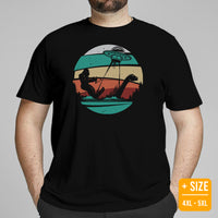Sasquatch Surfing T-Shirt - Lake Wear - Vacation Outfit, Attire, Clothes - Gift for Surfer, Outdoorsman - Retro Loch Ness Surfing Tee - Black, Plus Size