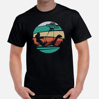 Sasquatch Surfing T-Shirt - Lake Wear - Vacation Outfit, Attire, Clothes - Gift for Surfer, Outdoorsman - Retro Loch Ness Surfing Tee - Black, Men