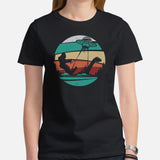 Sasquatch Surfing T-Shirt - Lake Wear - Vacation Outfit, Attire, Clothes - Gift for Surfer, Outdoorsman - Retro Loch Ness Surfing Tee - Black, Women