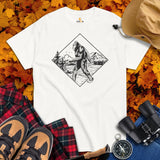 Sasquatch, Yeti, Cryptid Legends Sketch Graphic Tee for Camping & Outdoor Enthusiasts - Retro Bigfoot Walking In The Pine Forest Shirt - White