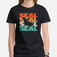 Seal 80s Retro Aesthetic T-Shirt - Seal Lover Shirt - Ideal Gift for Aquatic Animals & Marine Mammal Lovers - Marine Biology Shirt - Black, Women