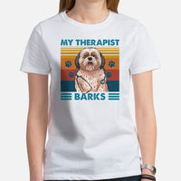 Shih Tzu Dog Themed Clothes & Attire - Funny Canine Tee Shirt & Outfits For Humans - Gifts for Dog Lovers - My Therapist Barks T-Shirt - White, Women