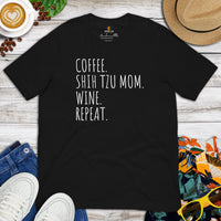 Shih Tzu Dog Themed Clothes - Canine Tee Shirts For Humans - Gifts for Dog Moms & Lovers - Coffee, Shih Tzu Mom, Wine, Repeat T-Shirt - Black