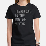 Shih Tzu Dog Themed Clothes - Canine Tee Shirts For Humans - Gifts for Dog Moms & Lovers - This Mom Runs On Pizza And Coffee T-Shirt - Black, Women