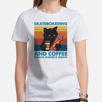 Skateboard Streetwear Outfit, Attire - Skate Shirt, Wear - Gifts for Skaters - Skateboarding And Coffee Because Murder Is Wrong Tee - White, Women