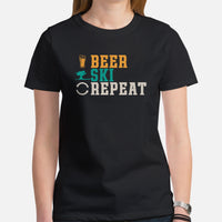 Skiing Shirt - Men's & Women's Snow Ski Attire, Wear, Clothes, Outfit - Gift Ideas for Skiers, Beer Lovers - Funny Beer Ski Repeat Tee - Black, Women