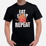 Skiing Shirt - Men's & Women's Snow Ski Attire, Wear, Clothes, Outfit - Gift, Present Ideas for Skiers - Funny Eat Sleep Ski Repeat Tee - Black, Men