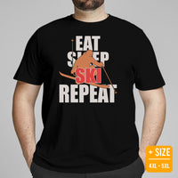 Skiing Shirt - Men's & Women's Snow Ski Attire, Wear, Clothes, Outfit - Gift, Present Ideas for Skiers - Funny Eat Sleep Ski Repeat Tee - Black, Plus Size