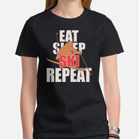 Skiing Shirt - Men's & Women's Snow Ski Attire, Wear, Clothes, Outfit - Gift, Present Ideas for Skiers - Funny Eat Sleep Ski Repeat Tee - Black, Women