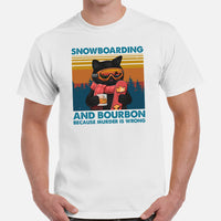 Skiing Shirt - Ski Attire, Gear, Outfit - Gift Ideas for Snowboarders, Cat Lovers - Snowboarding & Bourbon Because Murder Is Wrong Tee - White, Men