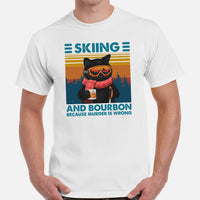 Skiing Shirt - Snow Ski Attire, Clothes, Outfit - Gift Ideas for Skiers, Cat Lovers - Skiing And Bourbon Because Murder Is Wrong Tee - White, Men