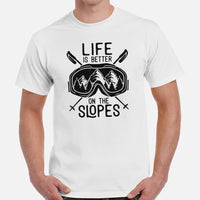 Skiing Shirt - Snow Ski Attire, Clothes, Outfit - Present Ideas for Skiers - Funny Life Is Better On The Slopes Tee - White, Men