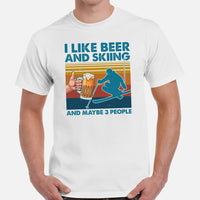 Skiing Shirt - Snow Ski Attire, Wear, Clothes, Outfit - Gift Ideas for Skiers, Beer Lovers - I Like Beer & Skiing & Maybe 3 People Tee - White, Men