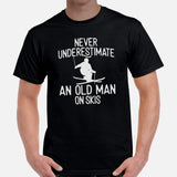 Skiing Shirt - Snow Ski Attire, Wear, Clothes, Outfit - Gift, Present Ideas for Skiers - Never Underestimate An Old Man On Skis Tee - Black, Men