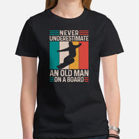 Skiing Shirt - Snowboarding Ski Attire, Gear, Outfit - Present Ideas for Snowboarders - Never Underestimate An Old Man On A Board Tee - Black, Women
