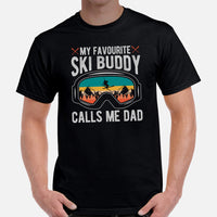 Skiing T-Shirt - Men's Snow Ski Attire, Wear, Clothes, Outfit - Gift, Present Ideas for Skiers - My Favorite Ski Buddy Calls Me Dad Tee - Black, Men
