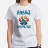 Skiing T-Shirt - Men's & Women's Snow Ski Attire, Wear, Clothes, Outfit - Gift Ideas for Skiers - Easily Distracted Dogs And Skiing Tee - White, Women