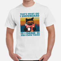 Skiing T-Shirt - Ski Attire, Clothes, Outfit - Gift Ideas for Snowboarders, Cat Lovers - I Snowboard I Drink Coffee & I Know Things Tee - White, Men