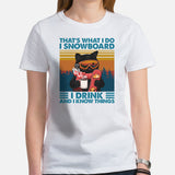 Skiing T-Shirt - Ski Attire, Clothes, Outfit - Gift Ideas for Snowboarders, Cat Lovers - I Snowboard I Drink Coffee & I Know Things Tee - White, Women