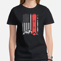 Skiing T-Shirt - Snowboarding Ski Attire, Gear, Clothes, Outfit - Gift, Present Ideas for Snowboarders - Patriotic Snow Board Tee - Black, Women
