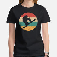 Skiing T-Shirt - Snowboarding Ski Attire, Gear, Clothes, Outfit - Present Ideas for Skiers, Snowboarders - 80s Retro Snowboarding Tee - Black, Women