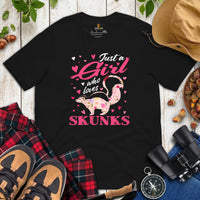 Skunk T-Shirt - Fart Squirrel Shirt - Woodland Animal Tee - Just A Girl Who Loves Skunks Floral Shirt - Gift for Skunk & Animal Lovers - Black