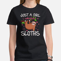 Sloth Lover & Squad T-Shirt - Just A Girl Who Loves Sloths Shirt - Tree-Dwelling Mammal & Rainforest Creature Shirt - Zoo Shirt - Black