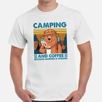 Smokey The Bear Camping & Coffee Because Murder Is Wrong Shirt - Campfire & Bonfire Glamping Crew/Squad Tee - Gift for Nature Lover - White, Men