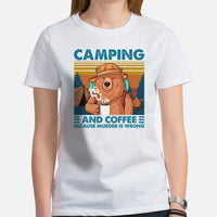 Smokey The Bear Camping & Coffee Because Murder Is Wrong Shirt - Campfire & Bonfire Glamping Crew/Squad Tee - Gift for Nature Lover - White, Women