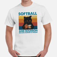 Softball Apparel & Clothes - Gift Ideas for Softball Coach & Players, Cat Lovers - Funny Softball & Bourbon Because Murder Is Wrong Tee - White, Men