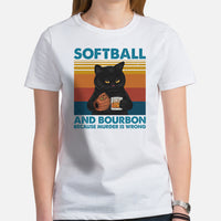 Softball Apparel & Clothes - Gift Ideas for Softball Coach & Players, Cat Lovers - Funny Softball & Bourbon Because Murder Is Wrong Tee - White, Women