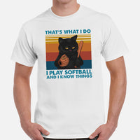 Softball Apparel & Clothes - Outfit & Gift Ideas for Softball Coach & Players, Cat Lovers - Funny I Play Softball And I Know Things Tee - White, Men