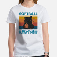 Softball Apparel & Clothes - Outfit & Gift Ideas for Softball Coach & Players, Cat Lovers - Funny Softball Because Murder Is Wrong Tee - White, Women