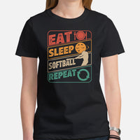 USA Softball Shirt - Game Day Shirt - Gifts for Softball Coachs, Players & Teammates - Softball Dad Shirt - Eat Sleep Softball Repeat Shirt - Black, Women