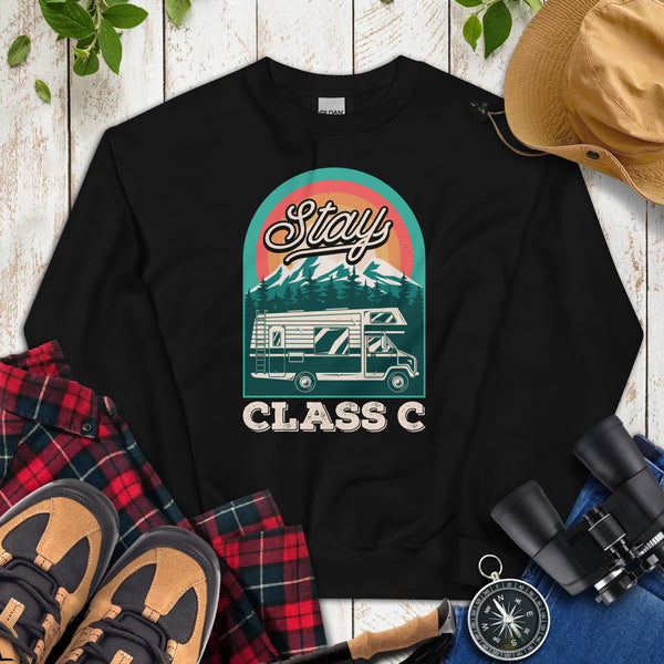 Stay Class C RV Campervan Motorhome Groovy Sweatshirt - Gift for Camper, Glamper, Pickup Trailer Owner - Road Trip, Boondocks Pullover - Black