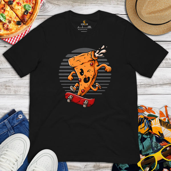 Streetwear Clothes - Gift Ideas, Presents For Foodies, Skaters & Junk Food Lovers - Pizza Shirts - Adorable Skating Pizza Slice Tee - Black